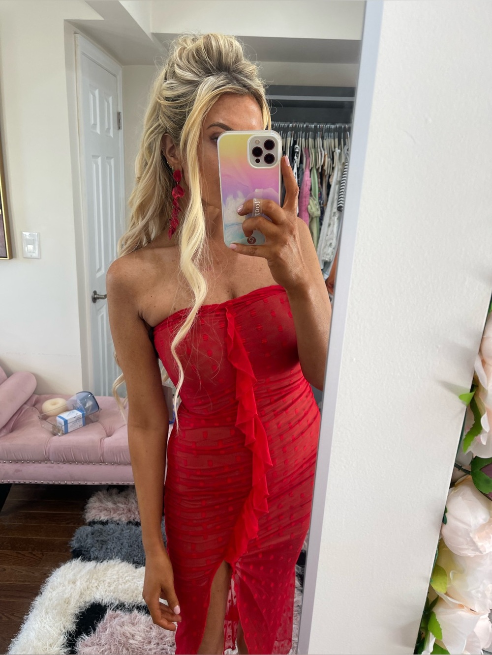 💃💃💃MAJORELLE Brady Strapless Dress Red Polka Dot Mesh Sheer Ruffles from REVOLVE - Picture 14 of 14
